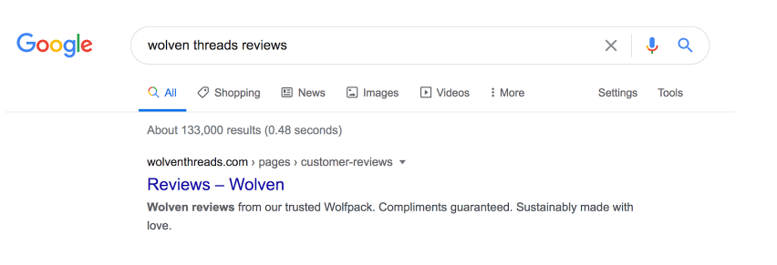 The image shows a Google search page, with the text "wolven threads review" written in the search bar. The higher-ranked result is from the customer review page on the Wolven website.