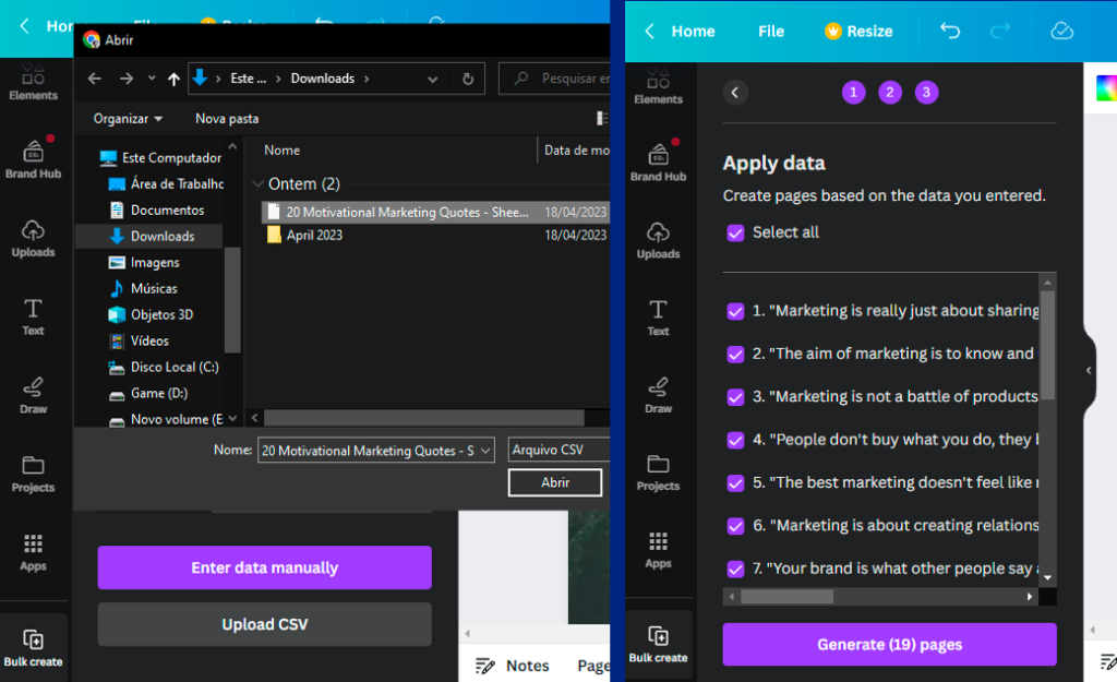 Process showing how to upload sheets file on Canvas template.