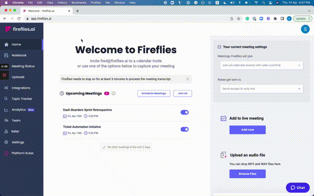 Gif explaining quickly How to use Artificial Intelligence in Business with app Fireflies.