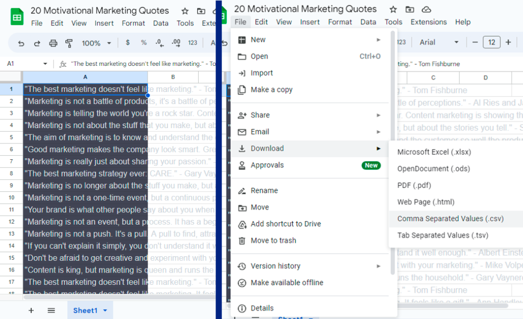 saved googlesheet quotes in CSV format