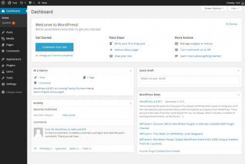 Wordpress interface after login, showing sidebar with all features