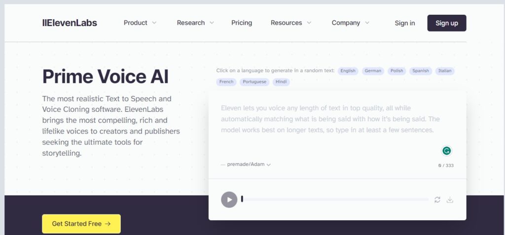 elevenlab-AI-tool-home-page